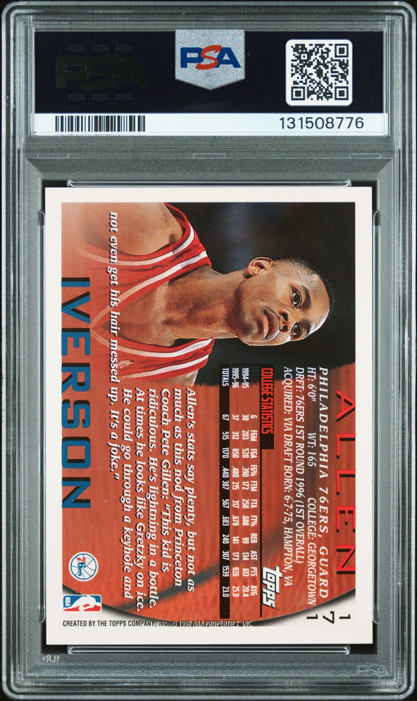 Graded 1996 Topps Allen Iverson #171 Rookie RC Basketball Card PSA 10 Auto Grade Gem Mint