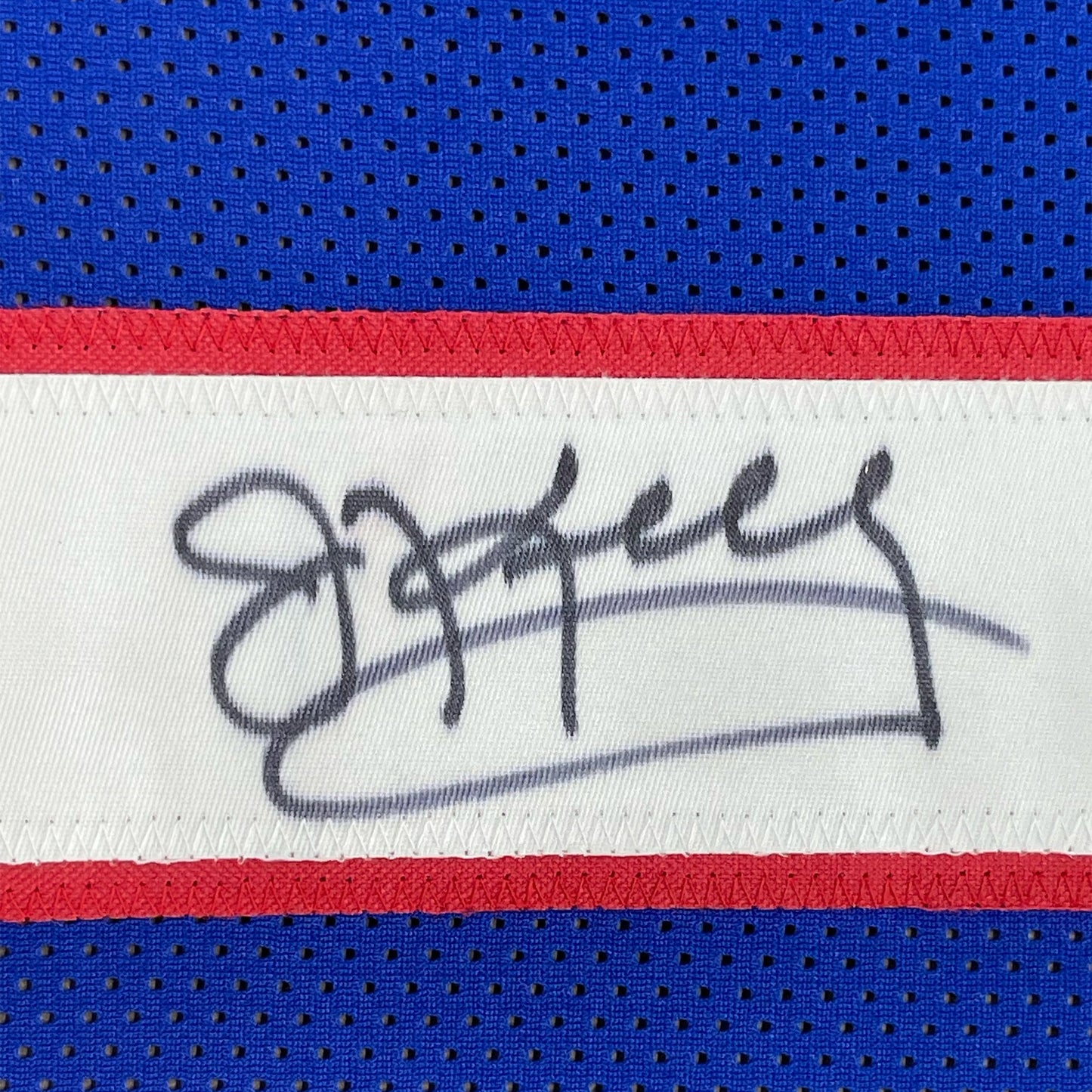 Framed Autographed/Signed Jim Kelly 35x39 Buffalo Blue Football Jersey JSA COA