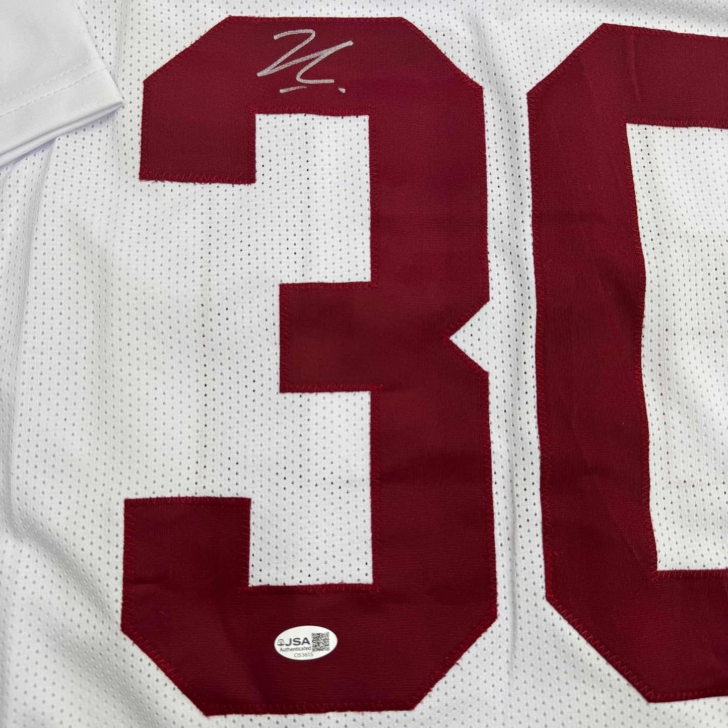 Framed Autographed/Signed Jihaad Campbell 35x39 Alabama White College Football Jersey JSA COA