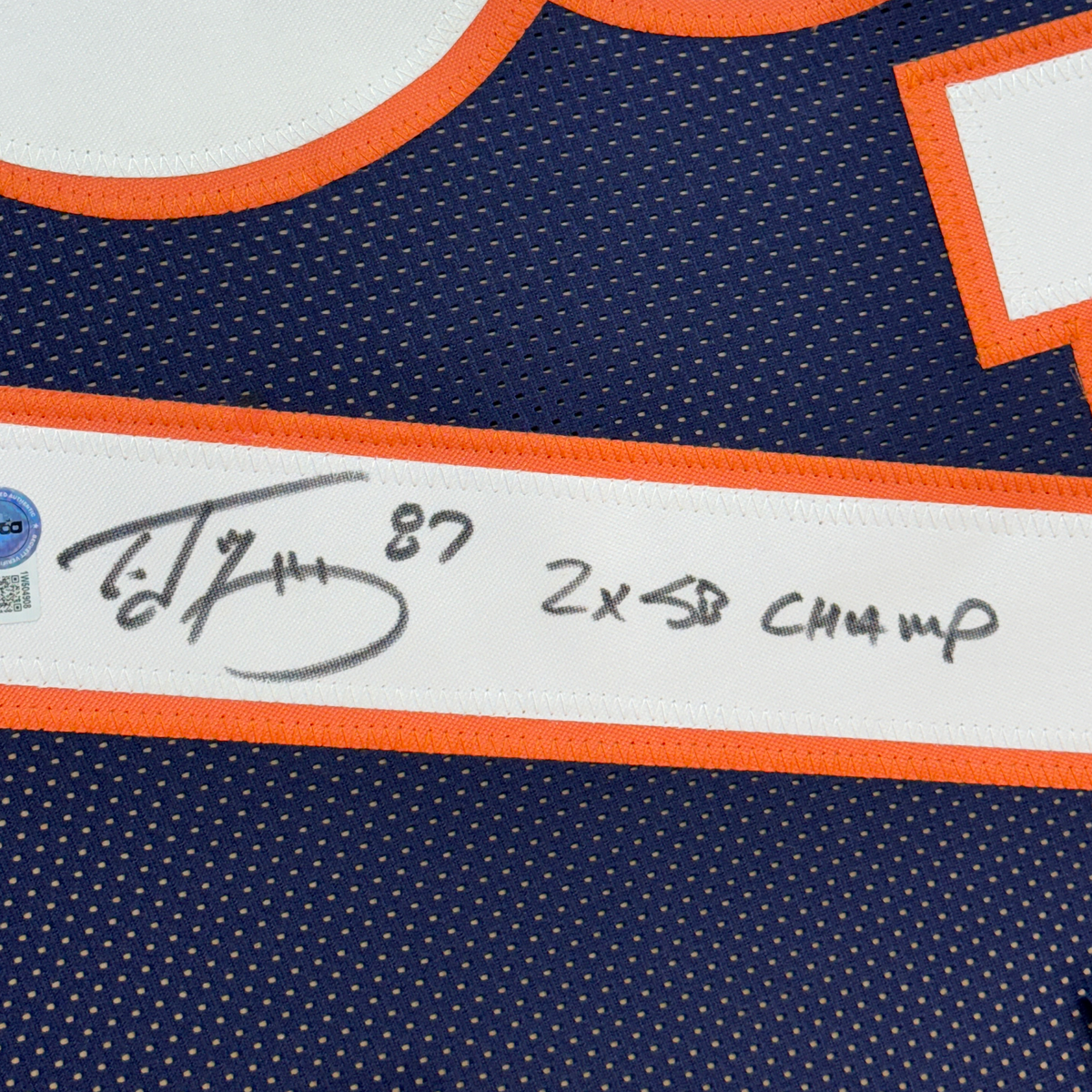 Framed Autographed/Signed Ed McCaffrey 35x39 2x SB Champs Denver Blue Football Jersey Beckett BAS COA