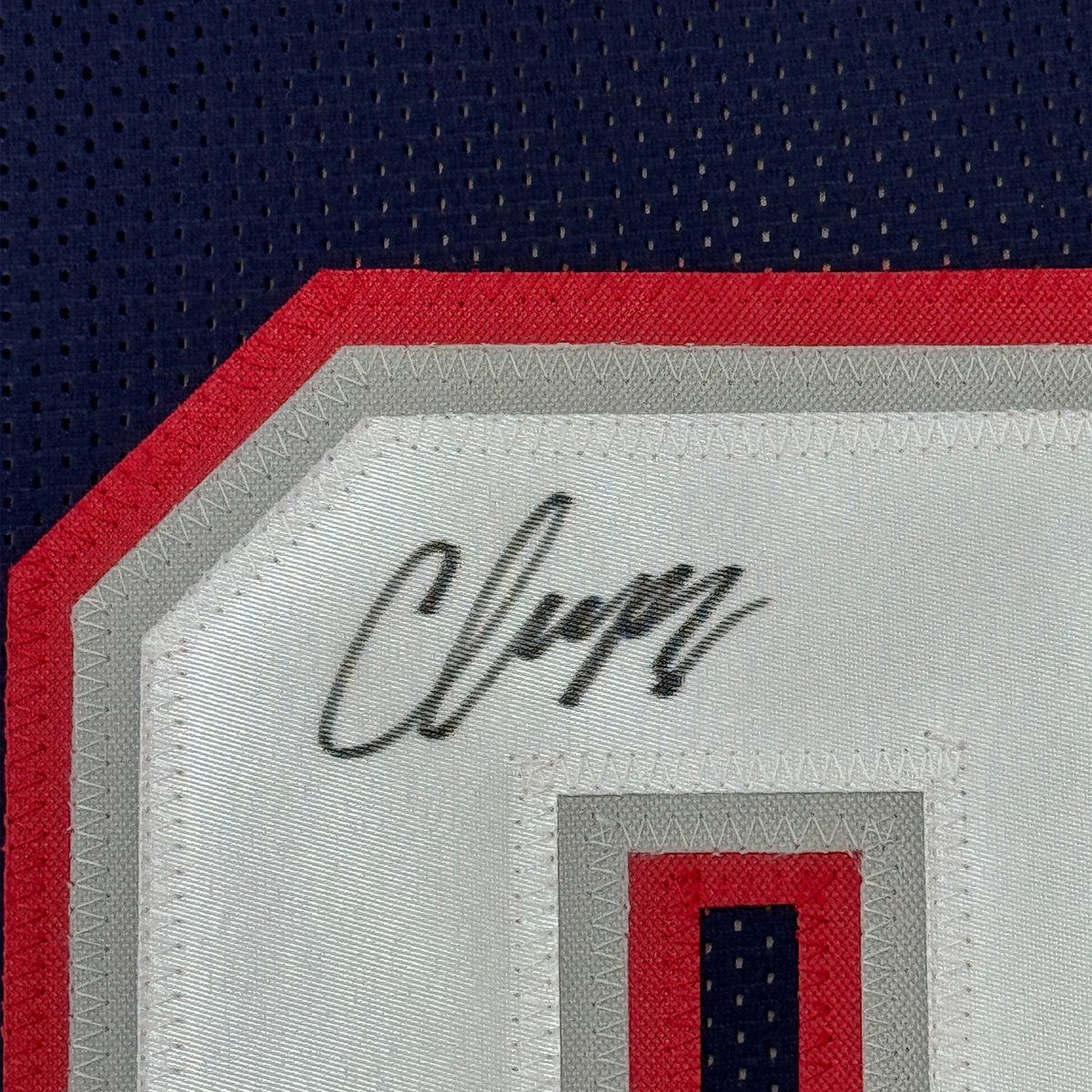 Framed Autographed/Signed Christian Gonzalez 35x39 New England Blue Football Jersey Beckett BAS COA