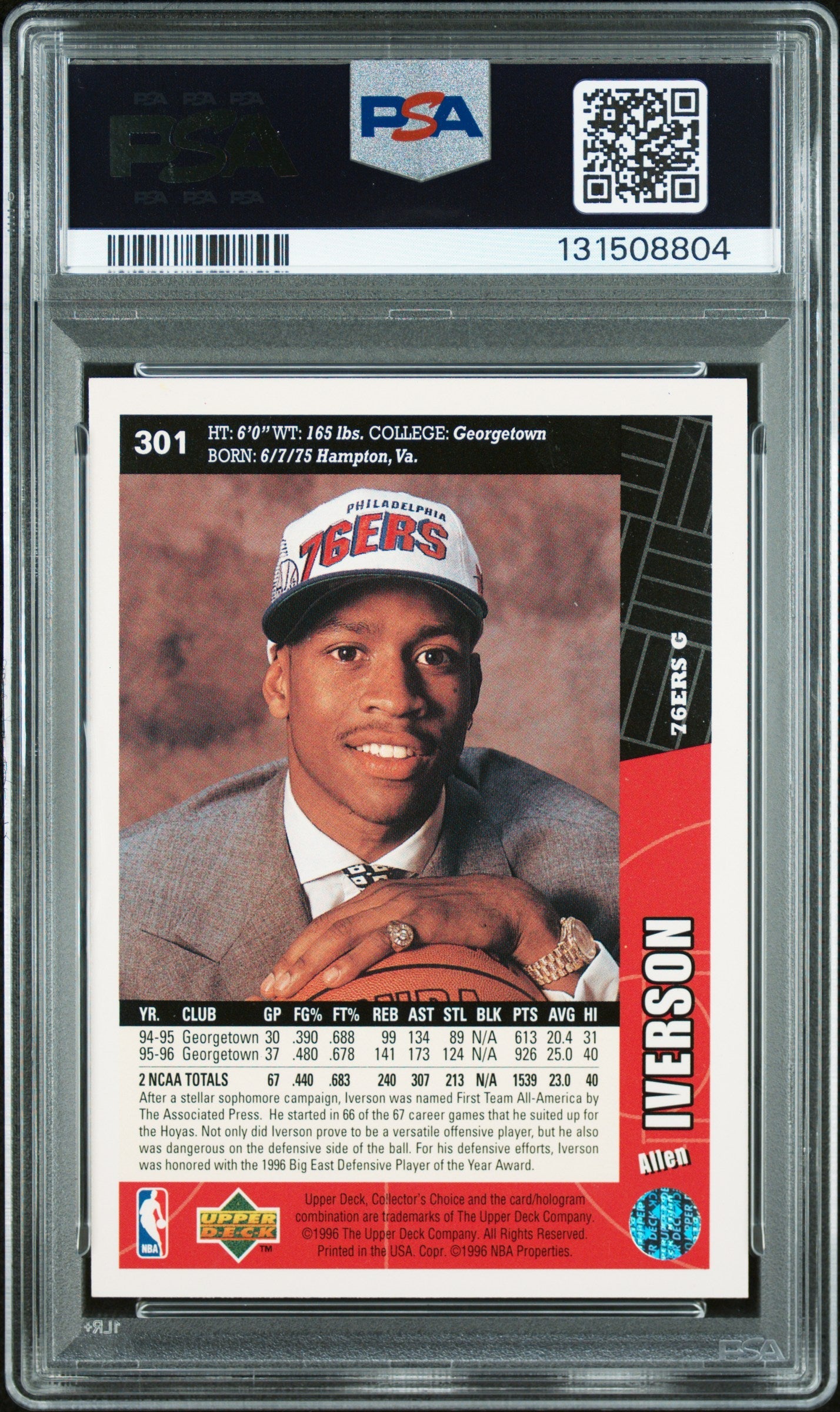 Graded 1996 Upper Deck UD Collector's Choice Allen Iverson #301 Rookie RC Basketball Card PSA 10 Auto Grade Gem Mint