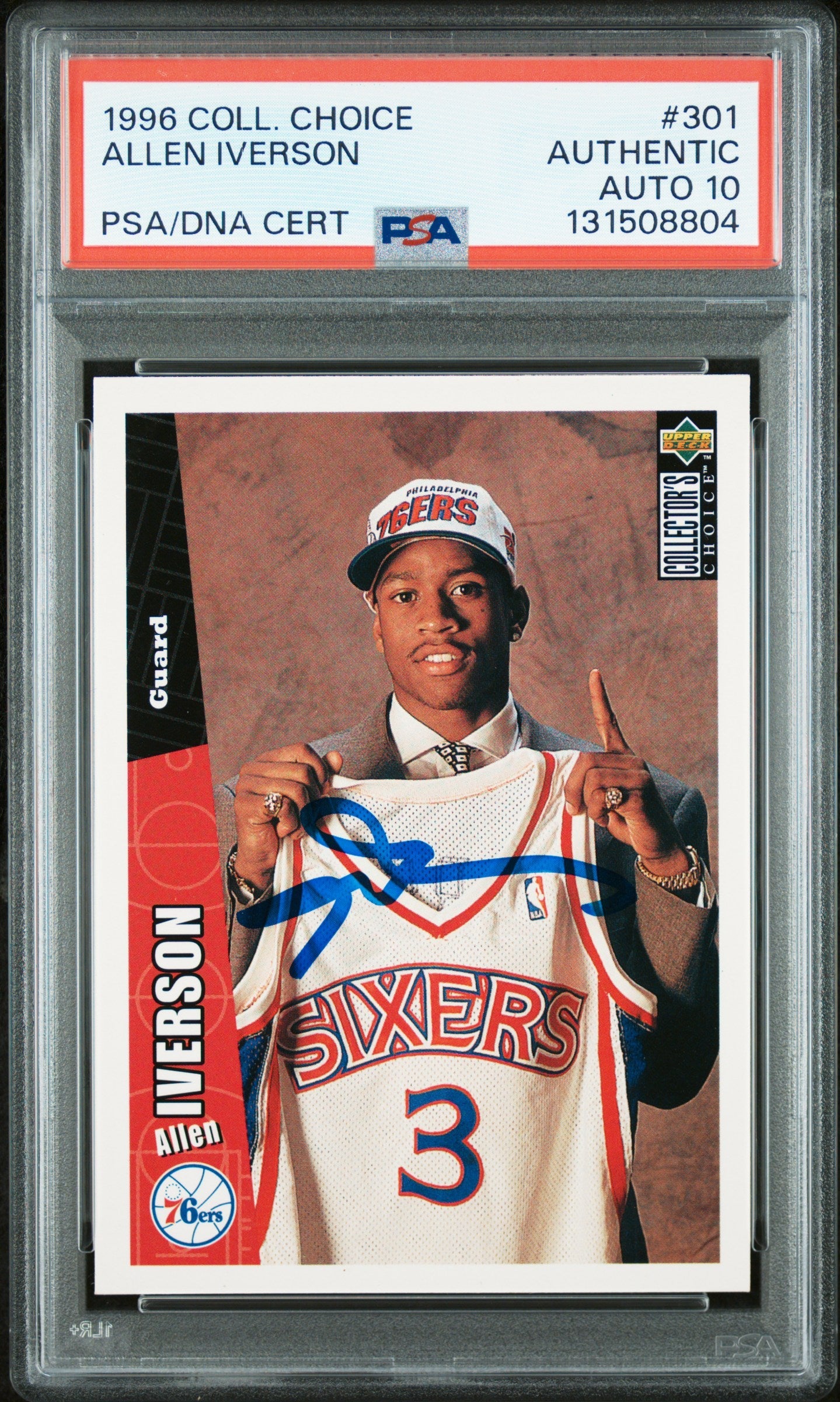 Graded 1996 Upper Deck UD Collector's Choice Allen Iverson #301 Rookie RC Basketball Card PSA 10 Auto Grade Gem Mint