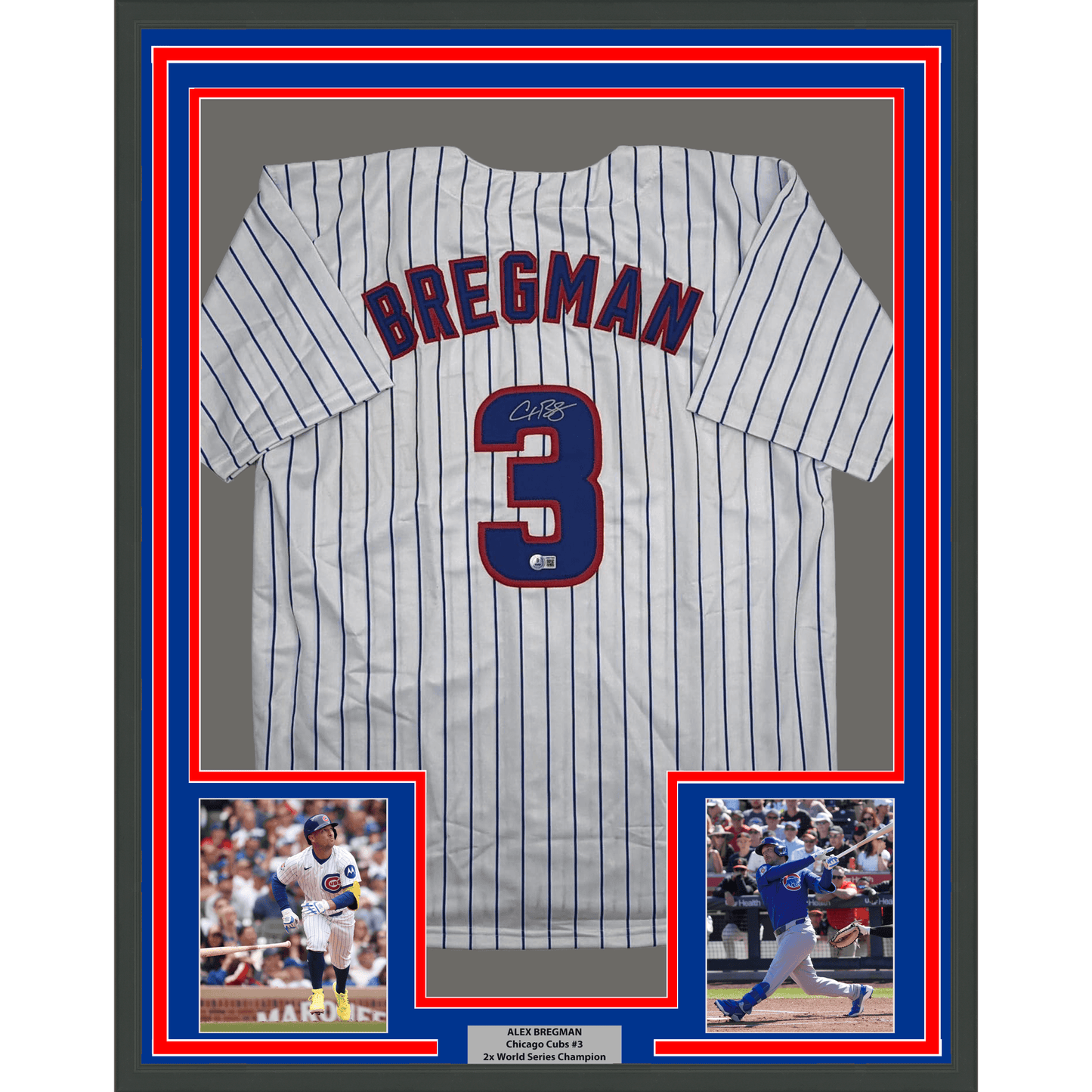 Framed Autographed/Signed Alex Bregman 35x39 Chicago Pinstripe Baseball Jersey Beckett BAS COA
