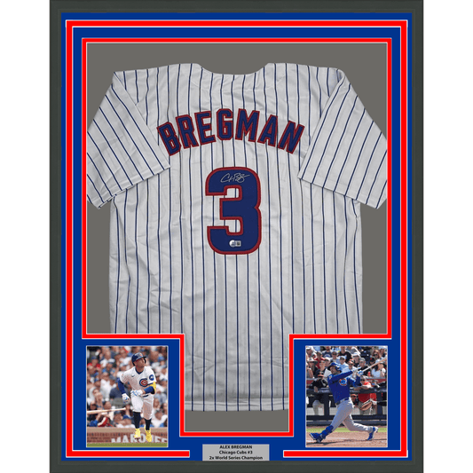Framed Autographed/Signed Alex Bregman 35x39 Chicago Pinstripe Baseball Jersey Beckett BAS COA