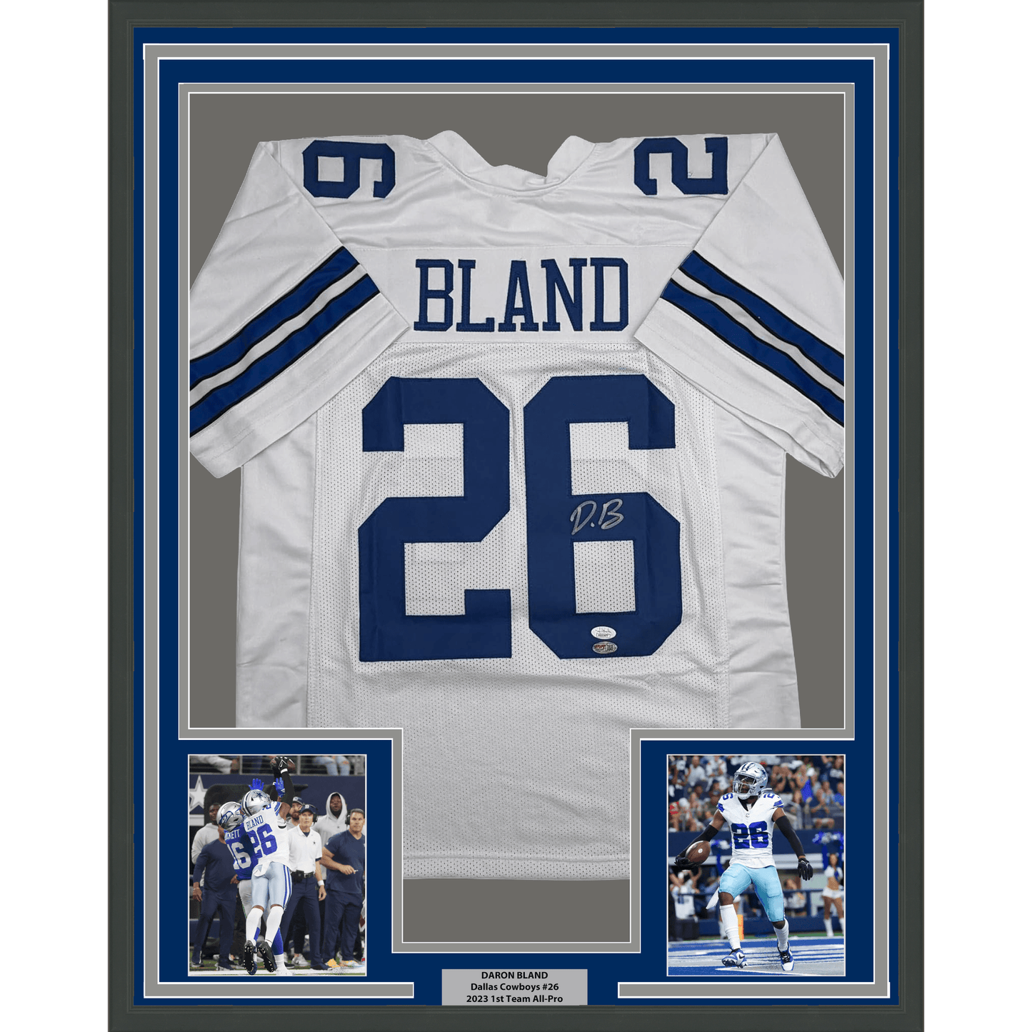 Framed Autographed/Signed Daron Bland 35x39 Dallas White Football Jersey JSA COA