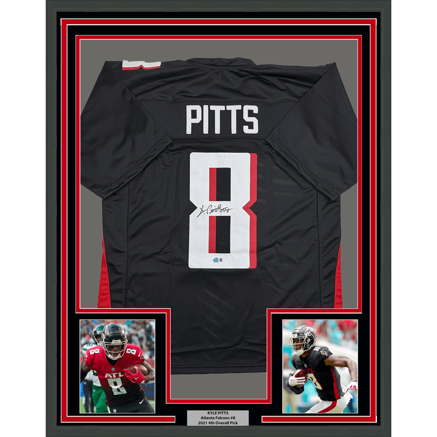 Framed Autographed/Signed Kyle Pitts 35x39 Atlanta Black Football Jersey Beckett BAS COA