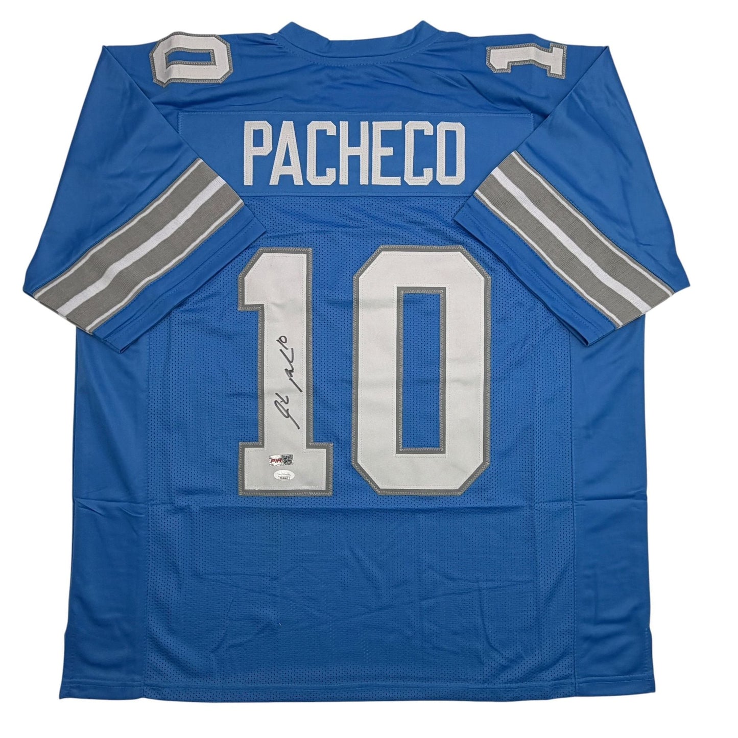 Autographed/Signed Isiah Pacheco Detroit Blue Football Jersey JSA COA