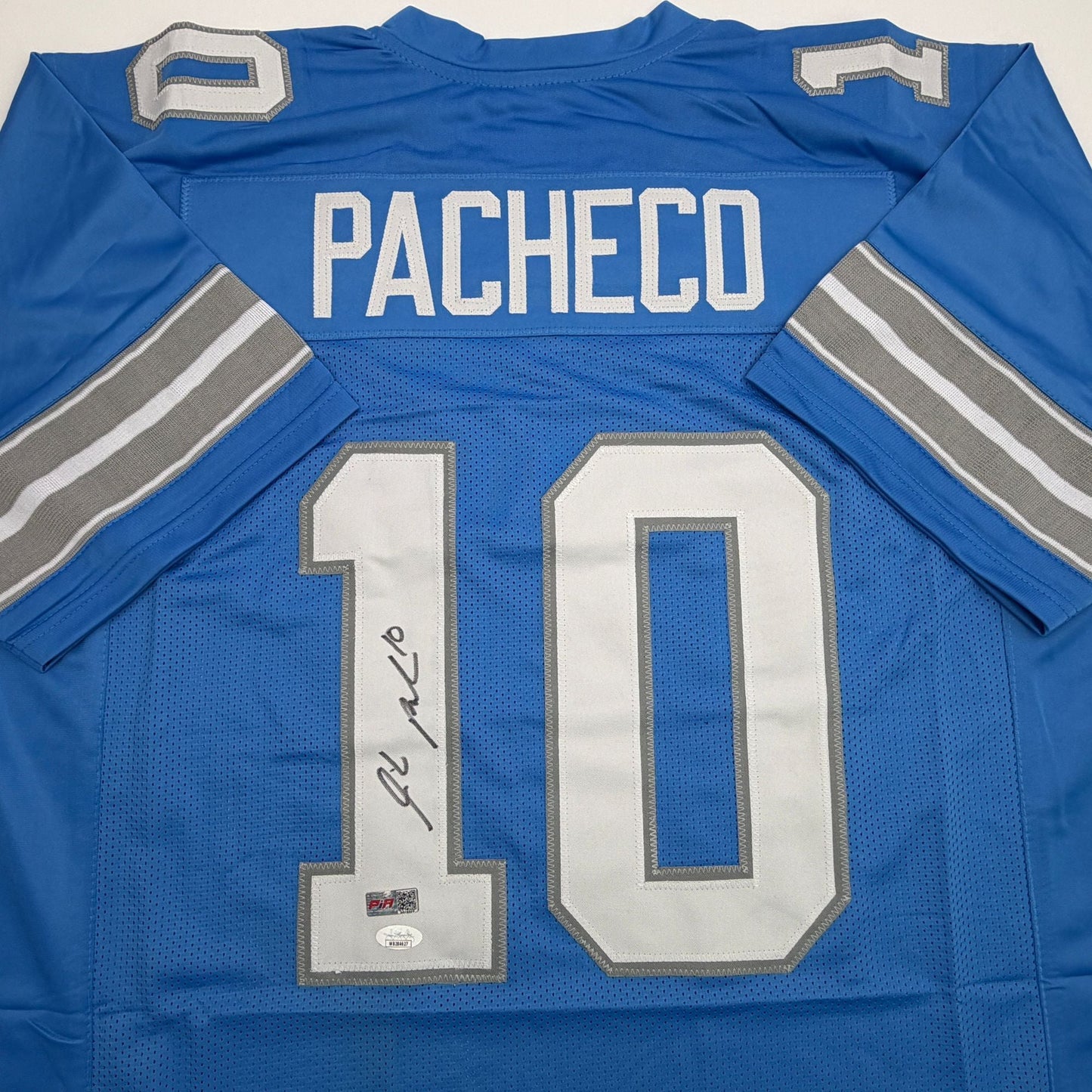 Autographed/Signed Isiah Pacheco Detroit Blue Football Jersey JSA COA