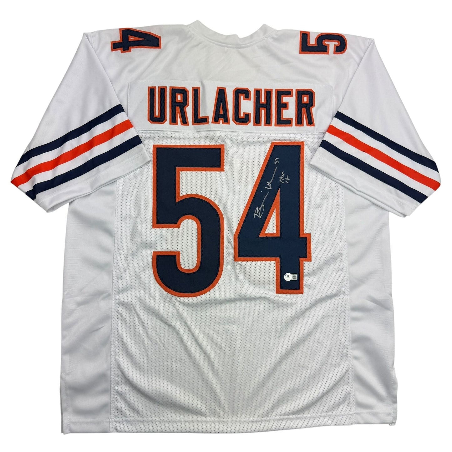 Autographed/Signed Brian Urlacher HOF 18 Chicago White Football Jersey Beckett BAS COA