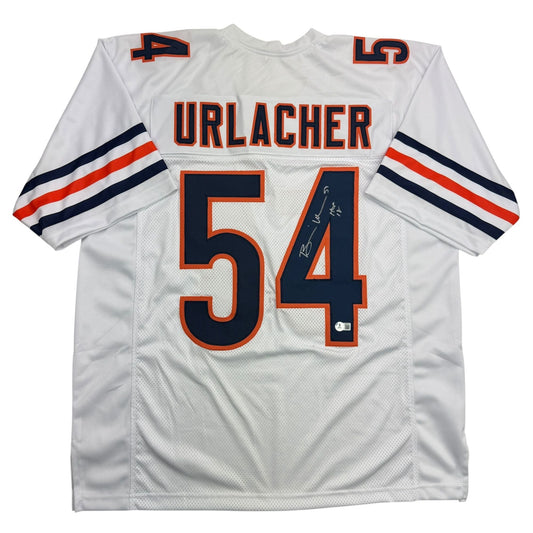 Autographed/Signed Brian Urlacher HOF 18 Chicago White Football Jersey Beckett BAS COA