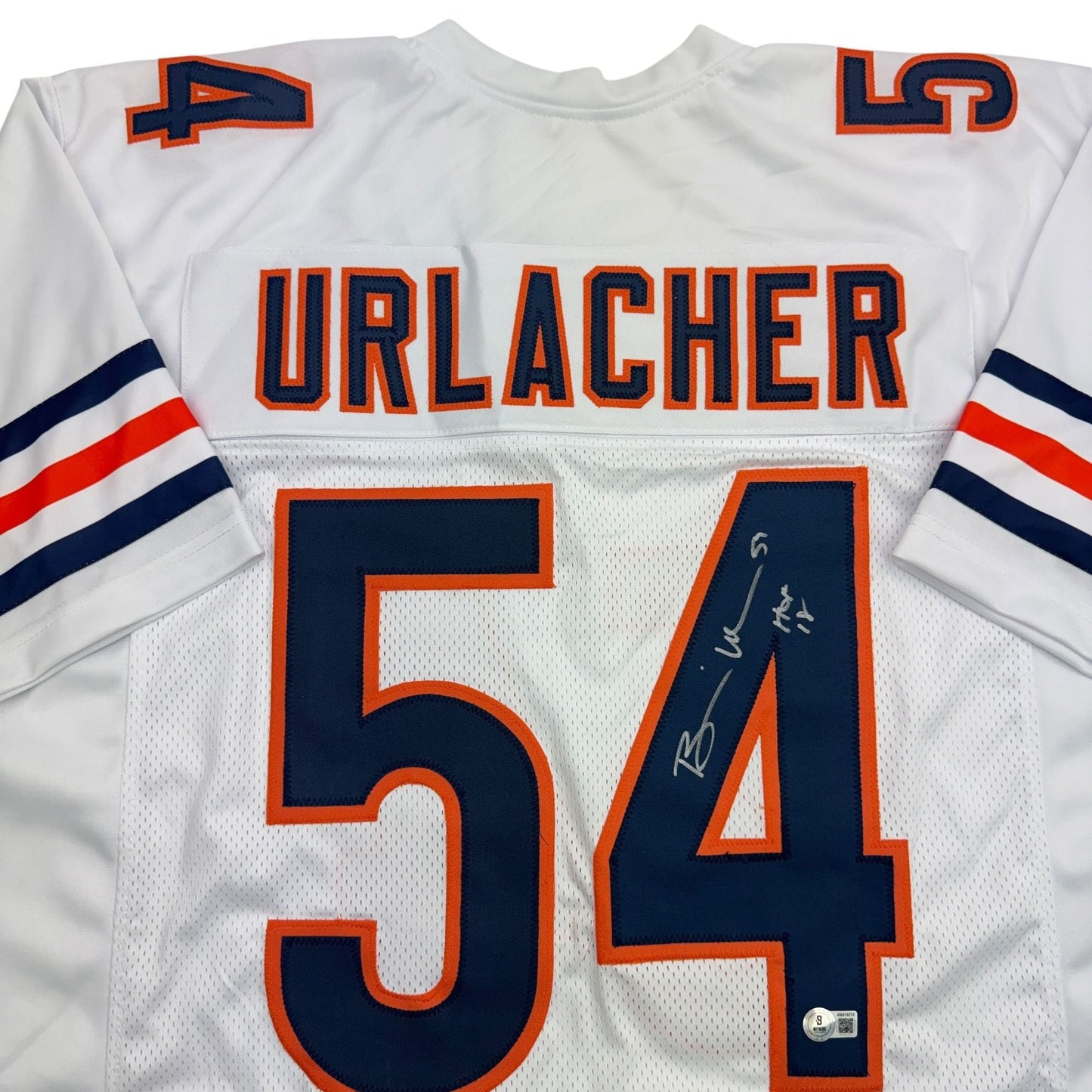 Autographed/Signed Brian Urlacher HOF 18 Chicago White Football Jersey Beckett BAS COA