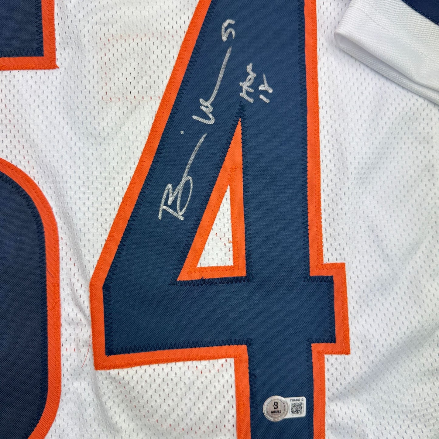 Autographed/Signed Brian Urlacher HOF 18 Chicago White Football Jersey Beckett BAS COA