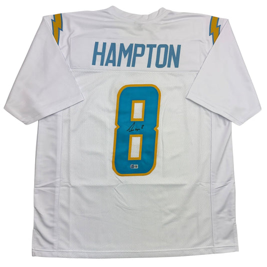 Autographed/Signed Omarion Hampton Los Angeles San Diego White Football Jersey Beckett BAS COA