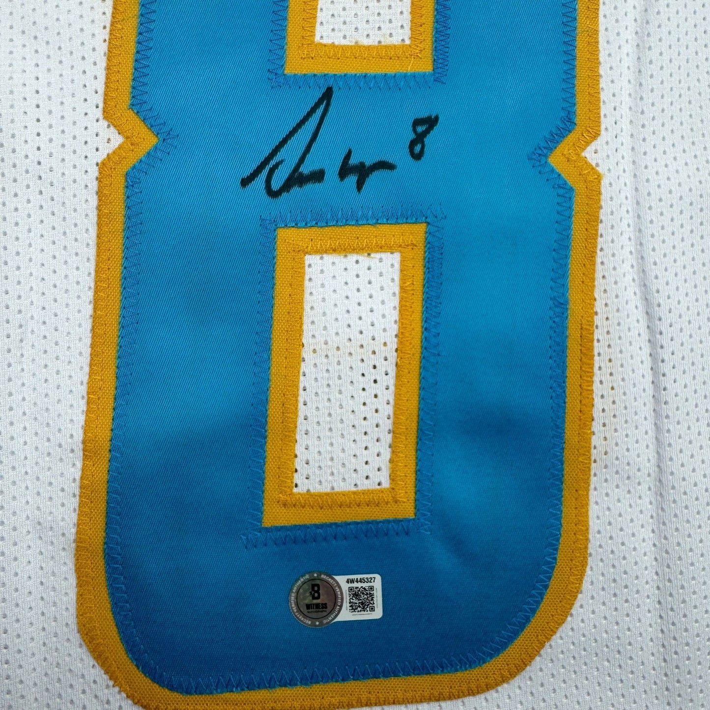 Autographed/Signed Omarion Hampton Los Angeles San Diego White Football Jersey Beckett BAS COA