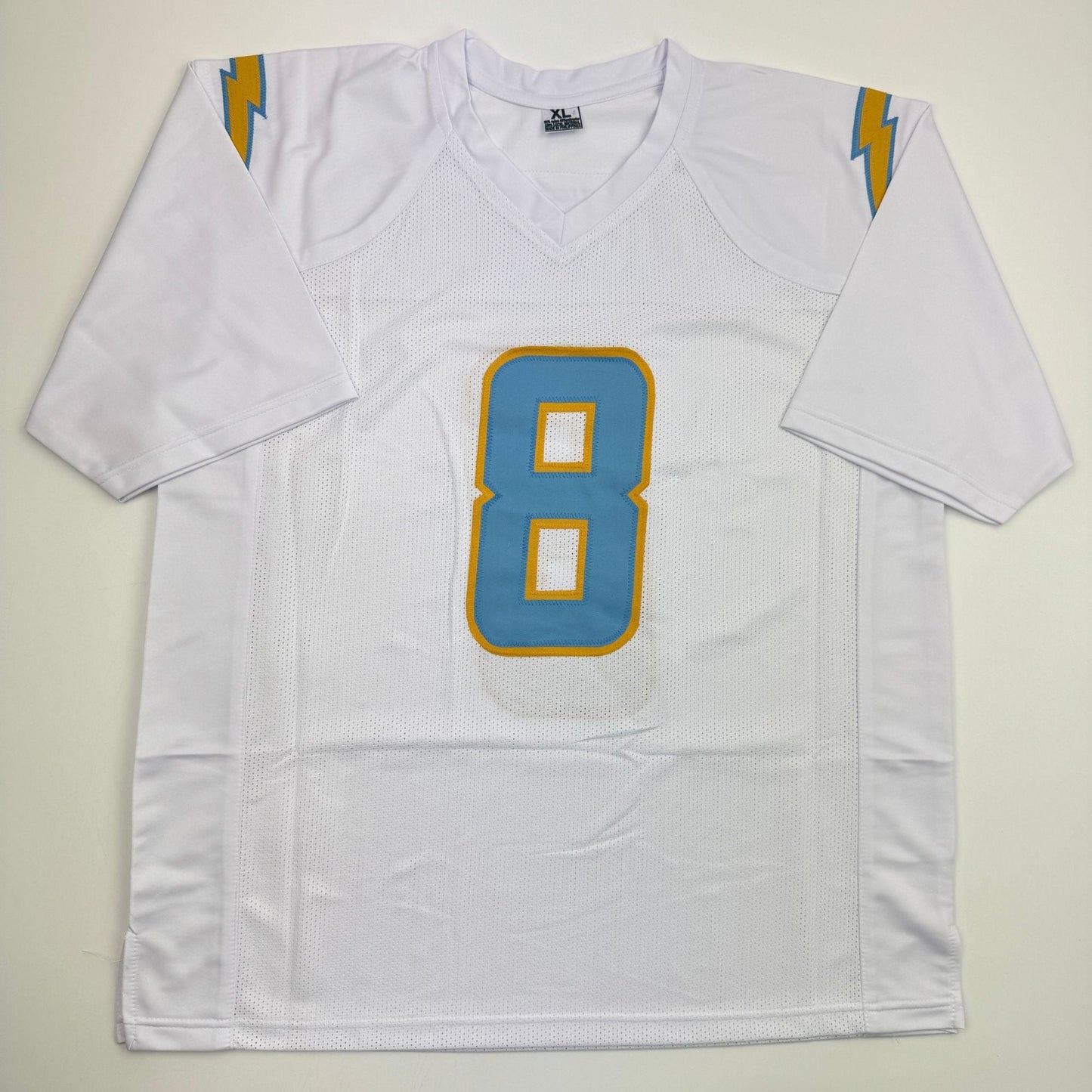 Autographed/Signed Omarion Hampton Los Angeles San Diego White Football Jersey Beckett BAS COA
