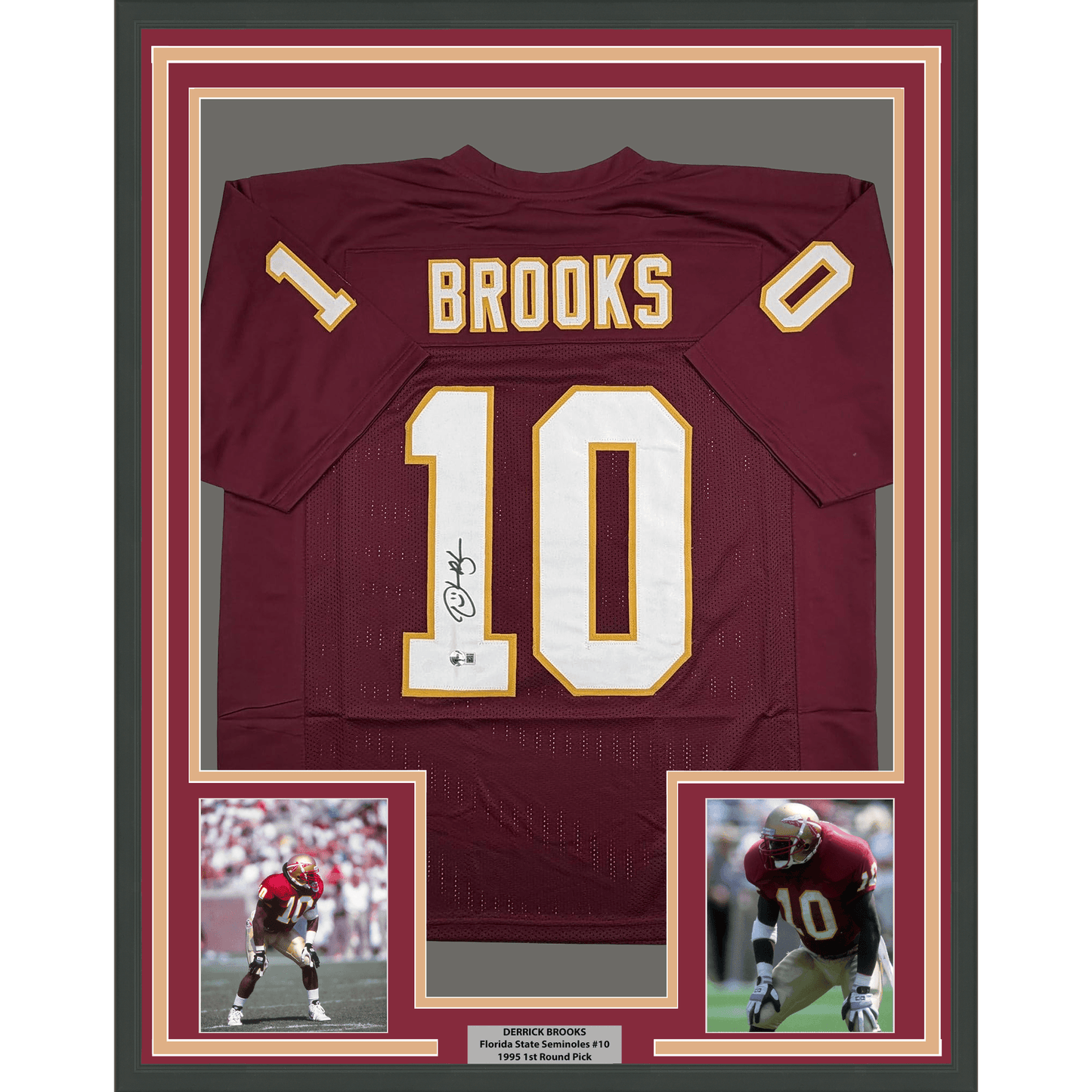 Framed Autographed/Signed Derrick Brooks 35x39 Florida State FSU Maroon College Football Jersey Beckett BAS COA