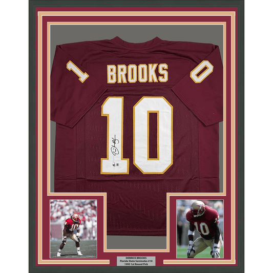 Framed Autographed/Signed Derrick Brooks 35x39 Florida State FSU Maroon College Football Jersey Beckett BAS COA