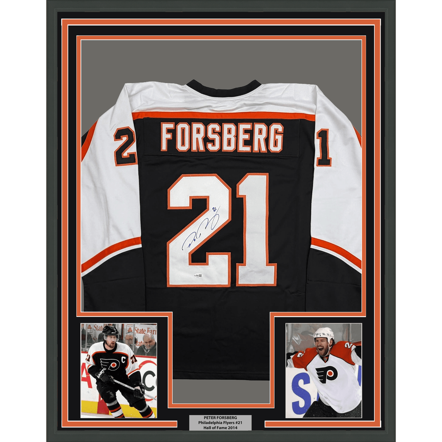 Framed Autographed/Signed Peter Forsberg 35x39 Philadelphia Black Hockey Jersey JSA COA