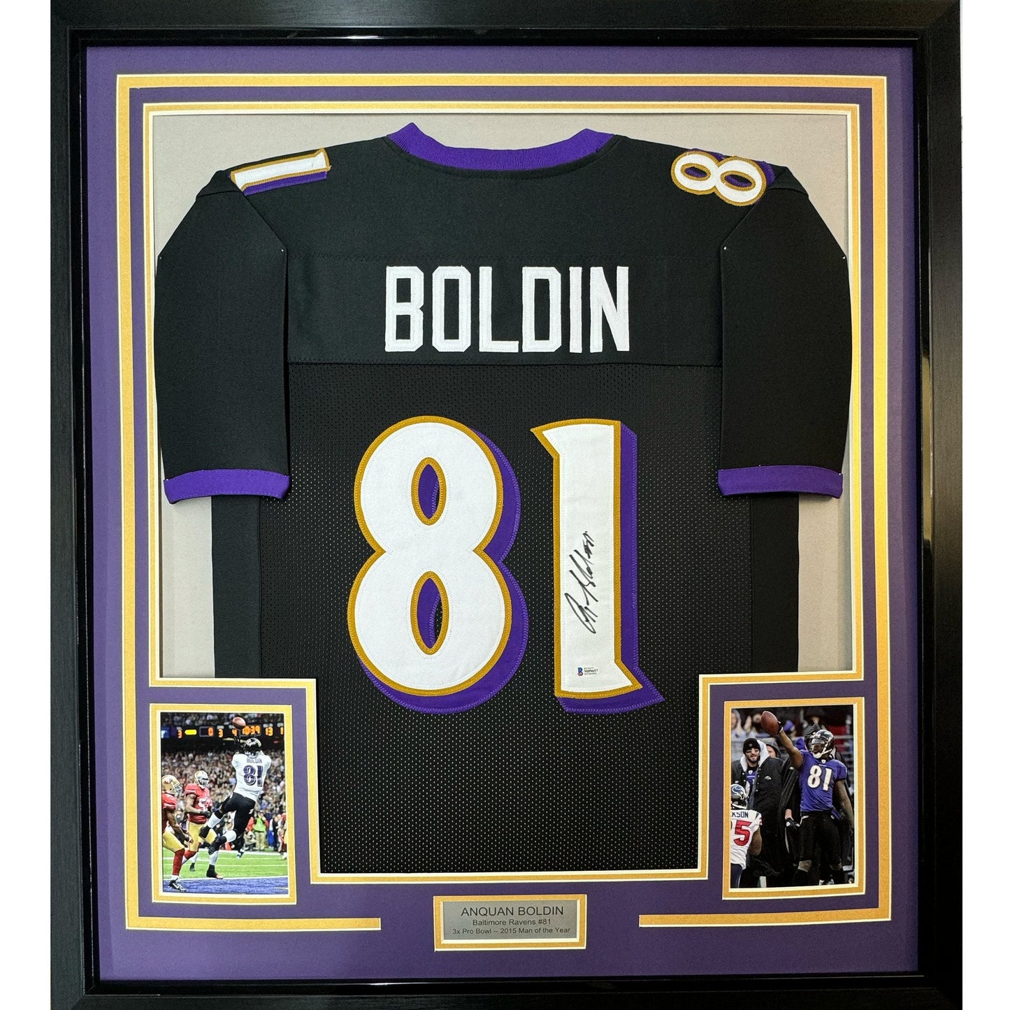 Framed Autographed/Signed Anquan Boldin 35x39 Baltimore Black Football Jersey Beckett BAS COA