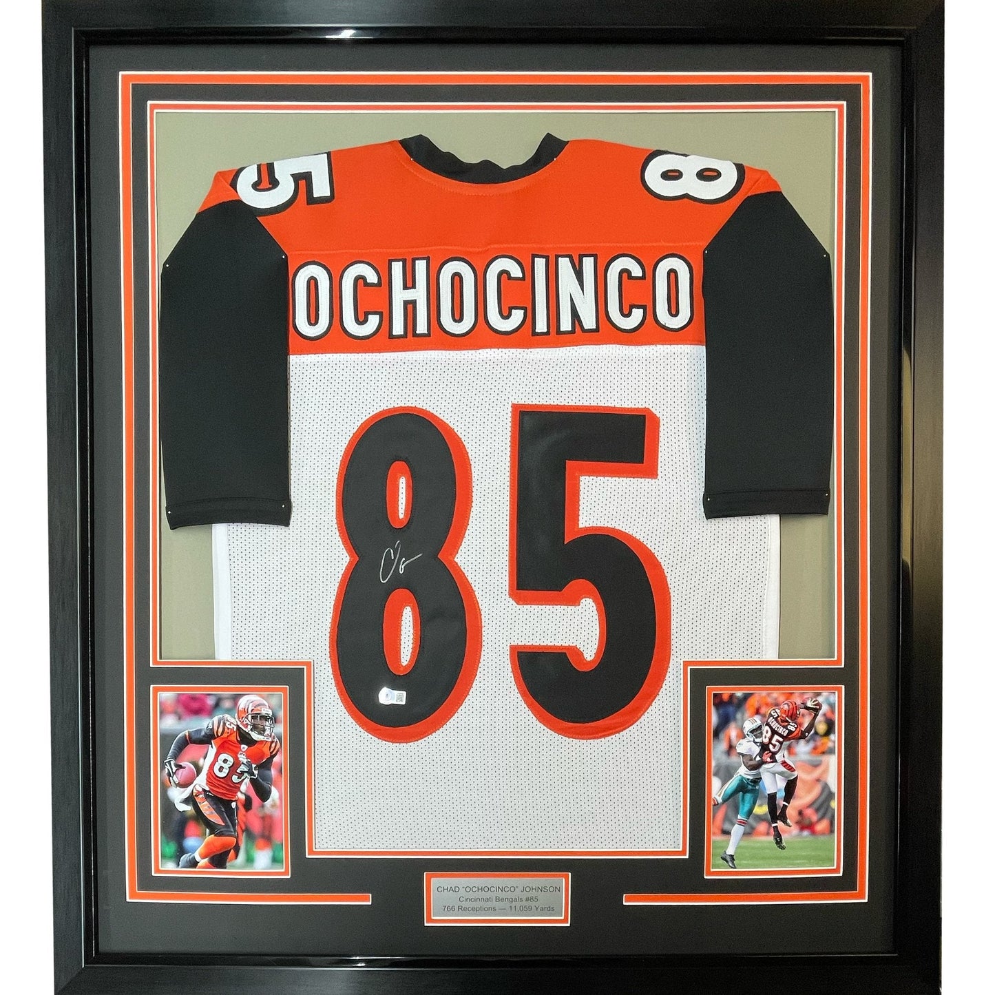 Framed Autographed/Signed Chad Ochocinco (Johnson) 35x39 Cincinnati White Football Jersey JSA COA