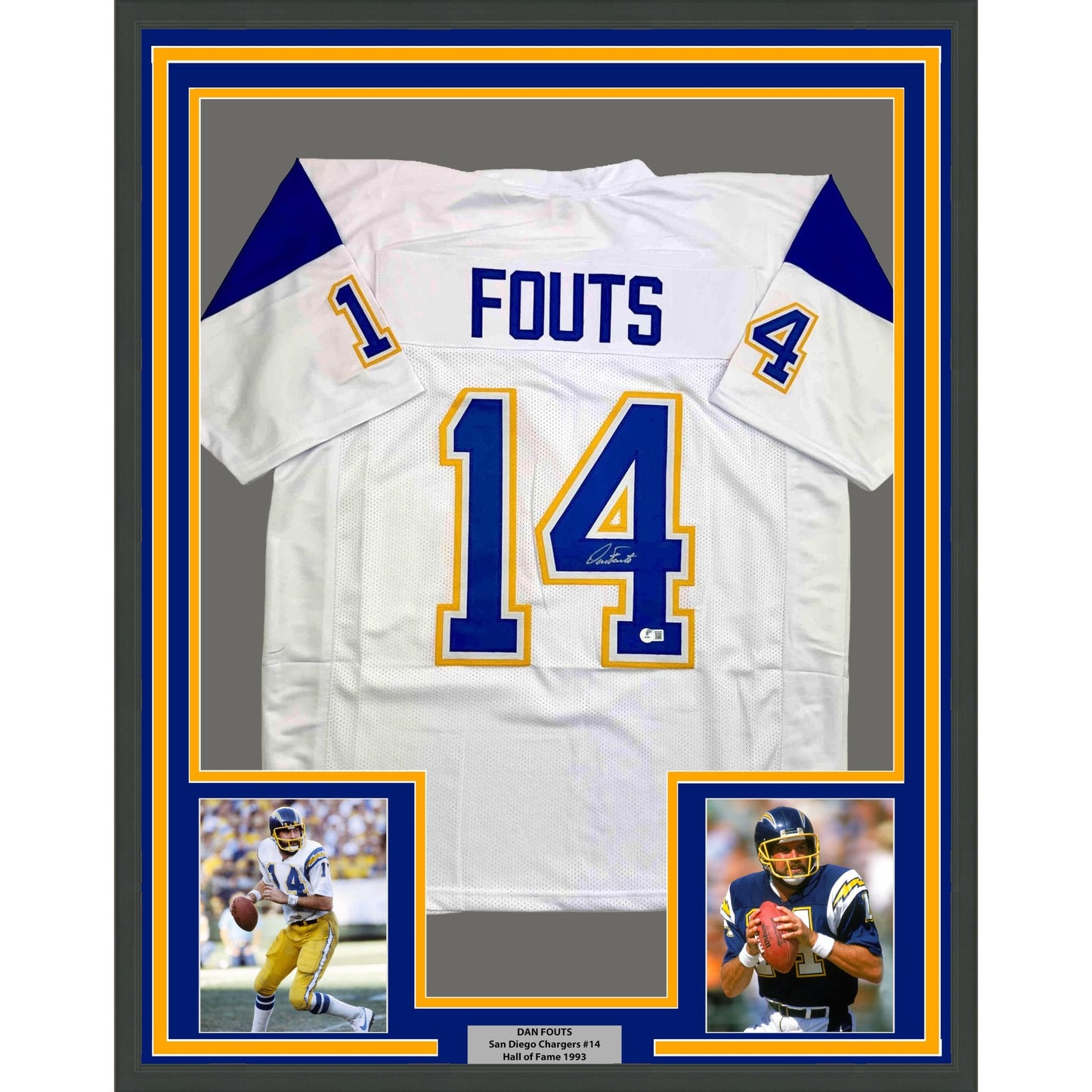 Framed Autographed/Signed Dan Fouts 35x39 San Diego White Football Jersey Beckett BAS COA