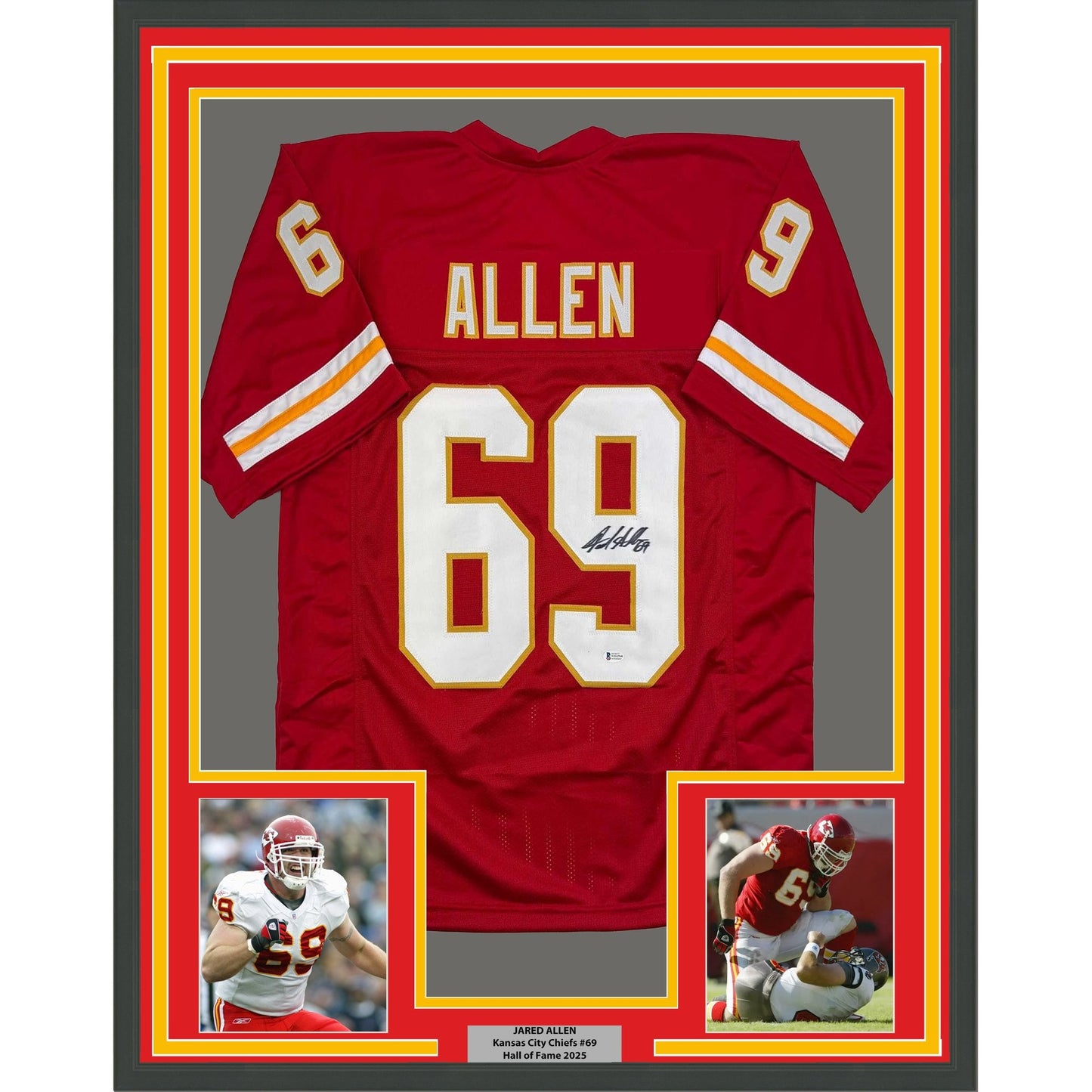 Framed Autographed/Signed Jared Allen 35x39 Kansas City Red Football Jersey Beckett BAS COA