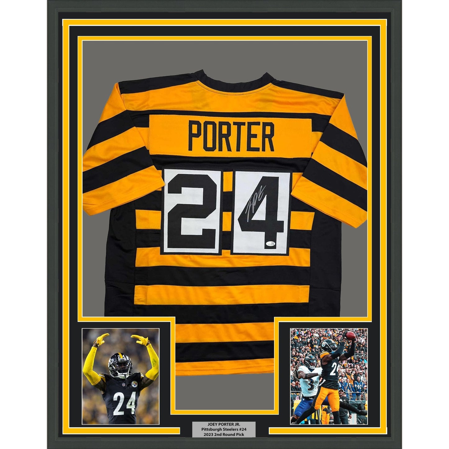 Framed Autographed/Signed Joey Porter Jr. 35x39 Pittsburgh Bumble Bee Football Jersey JSA COA