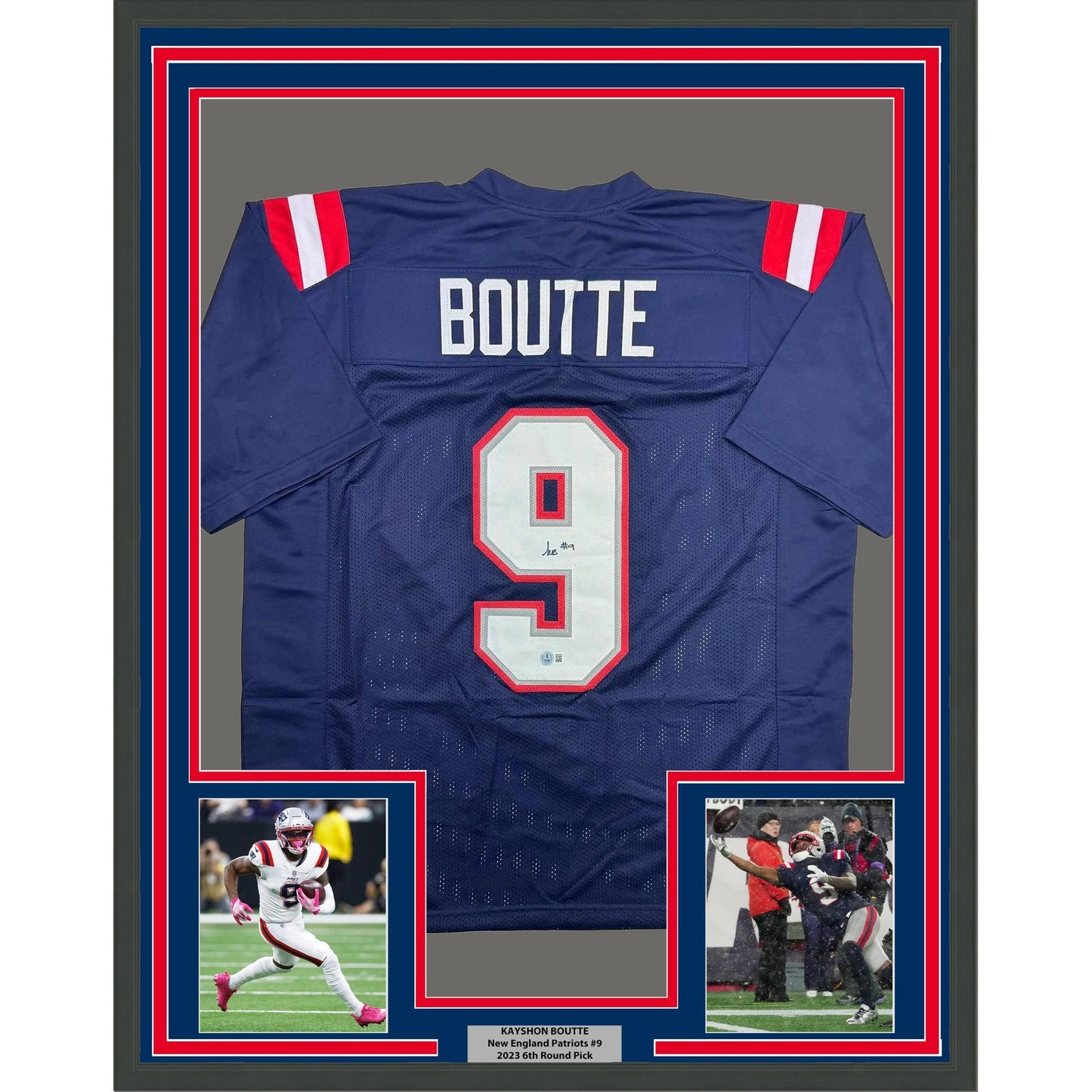 Framed Autographed/Signed Kayshon Boutte 35x39 New England Blue Football Jersey Beckett BAS COA