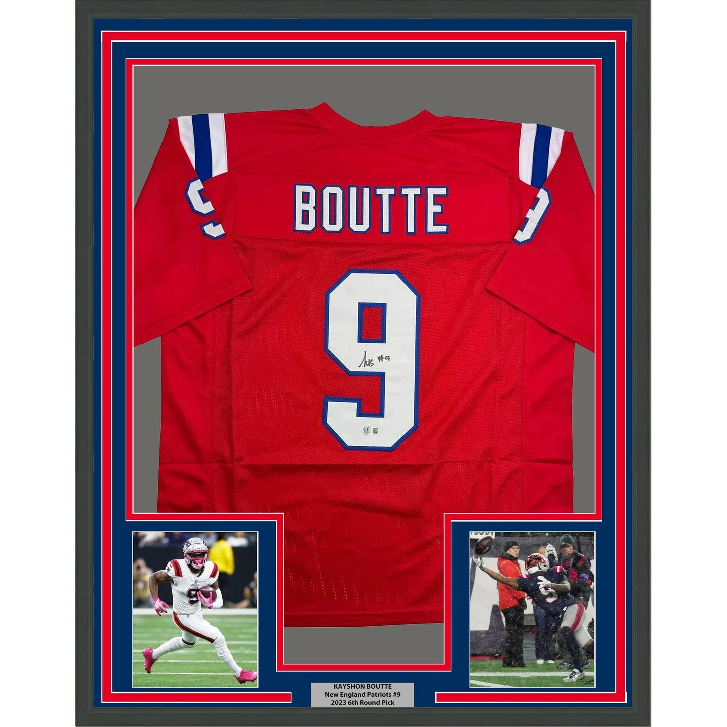 Framed Autographed/Signed Kayshon Boutte 35x39 New England Red Football Jersey Beckett BAS COA