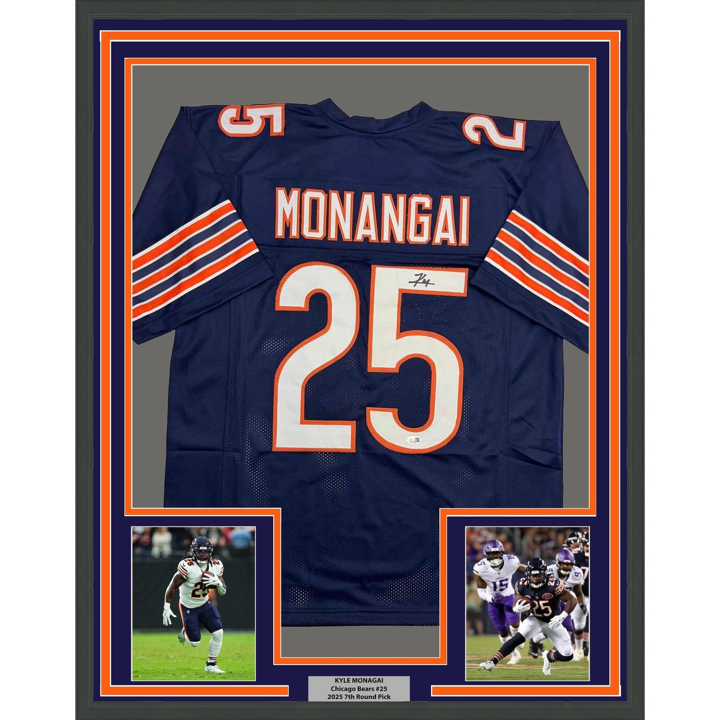 Framed Autographed/Signed Kyle Monangai 35x39 Chicago Blue Football Jersey JSA COA