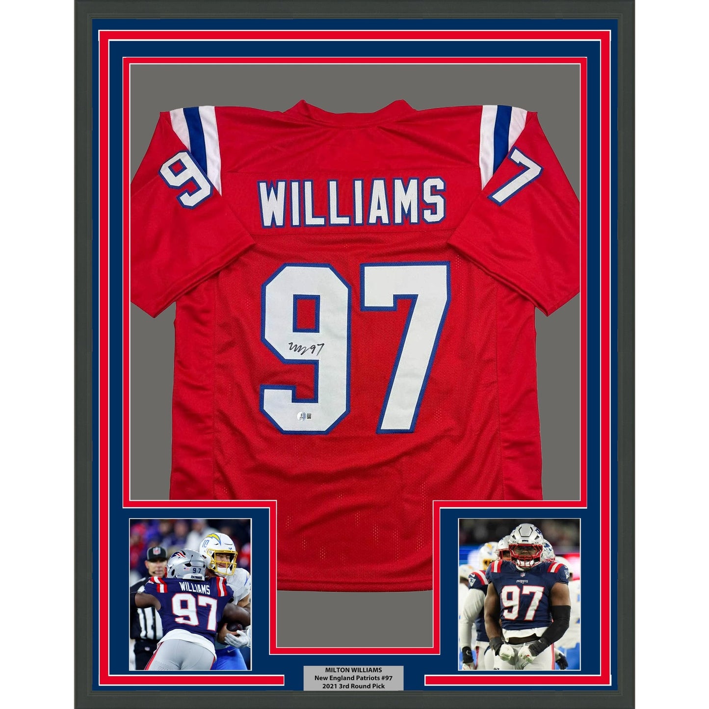 Framed Autographed/Signed Milton Williams 35x39 New England Red Football Jersey Beckett BAS COA
