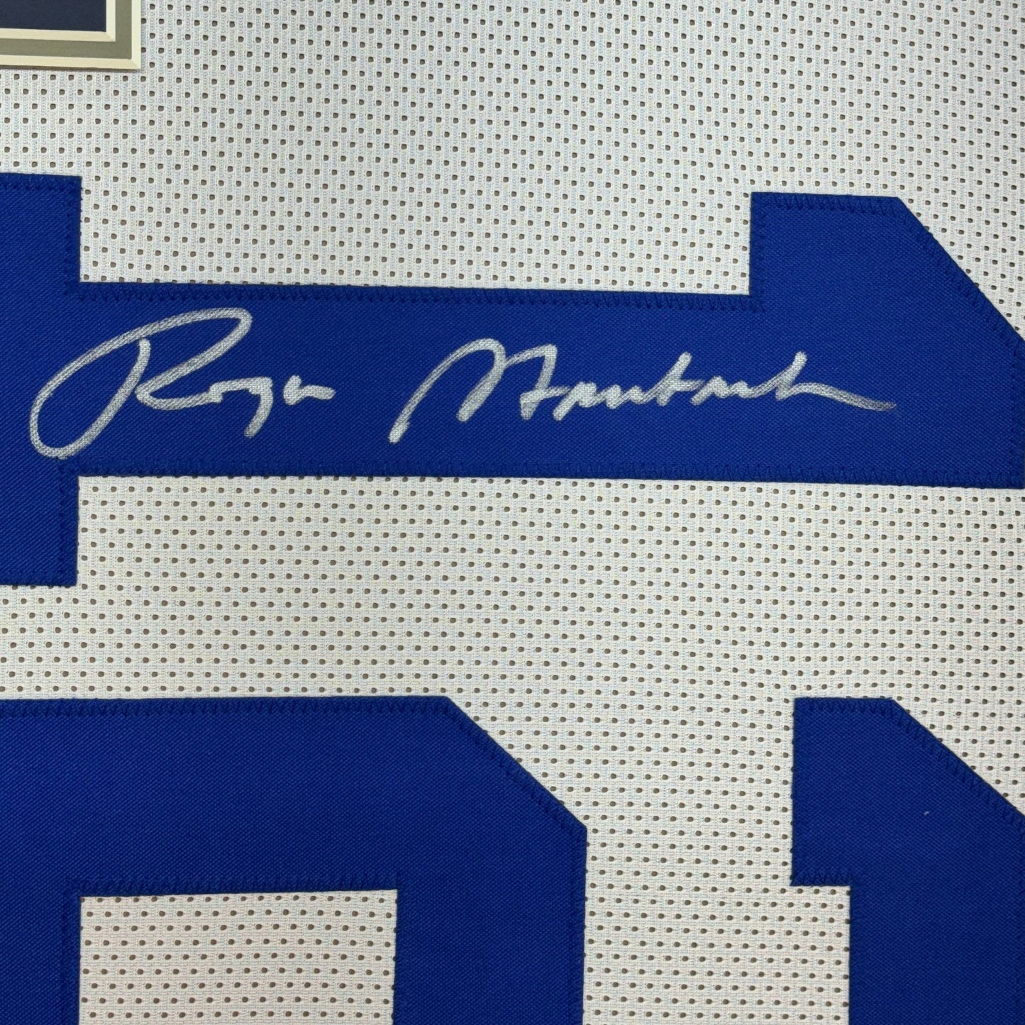 Framed Autographed/Signed Roger Staubach 35x39 Dallas White Football Jersey Beckett BAS COA