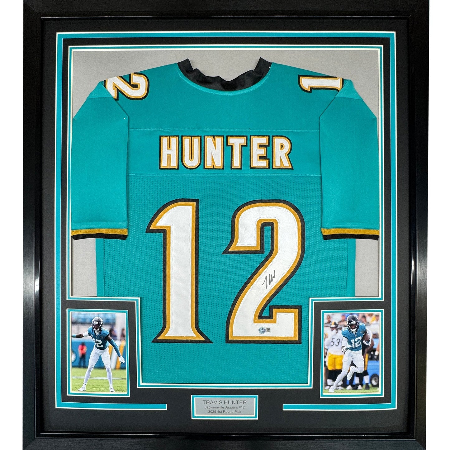 Framed Autographed/Signed Travis Hunter 35x39 Jacksonville Teal Retro Football Jersey Beckett BAS COA