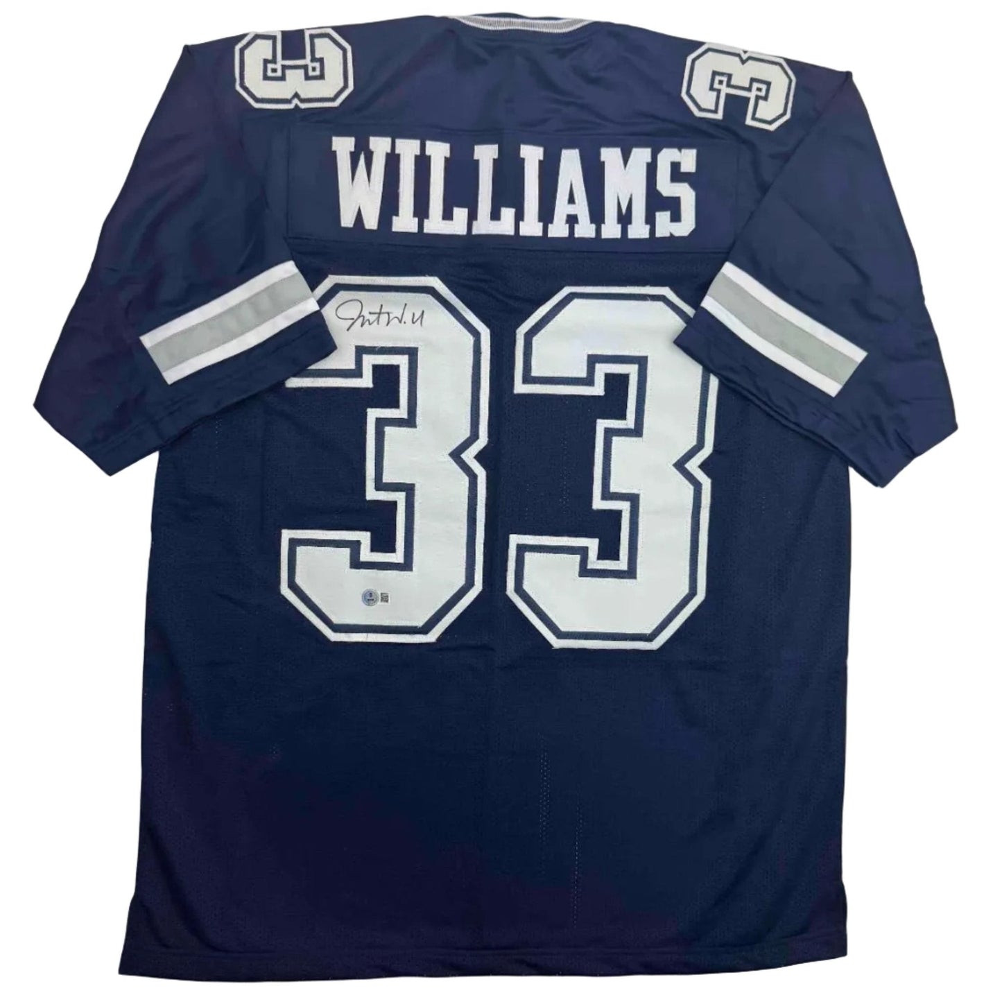 Autographed/Signed Javonte Williams Dallas Blue Football Jersey Beckett BAS COA