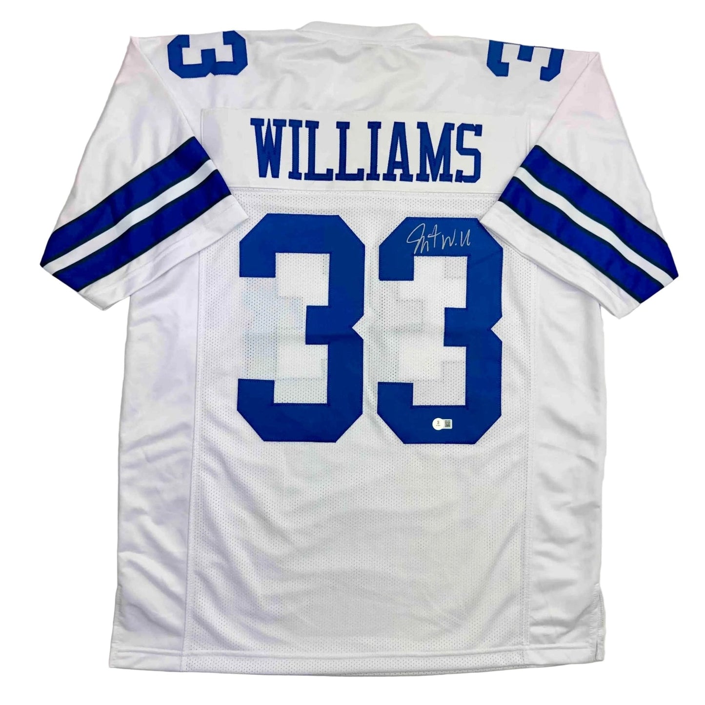 Autographed/Signed Javonte Williams Dallas White Football Jersey Beckett BAS COA
