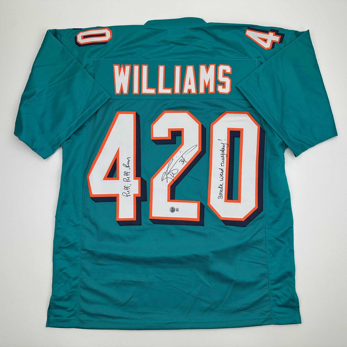 Autographed/Signed Ricky Williams Smoke Weed Everyday Puff Puff Run #420 Inscribed Miami Teal Football Jersey Beckett BAS COA