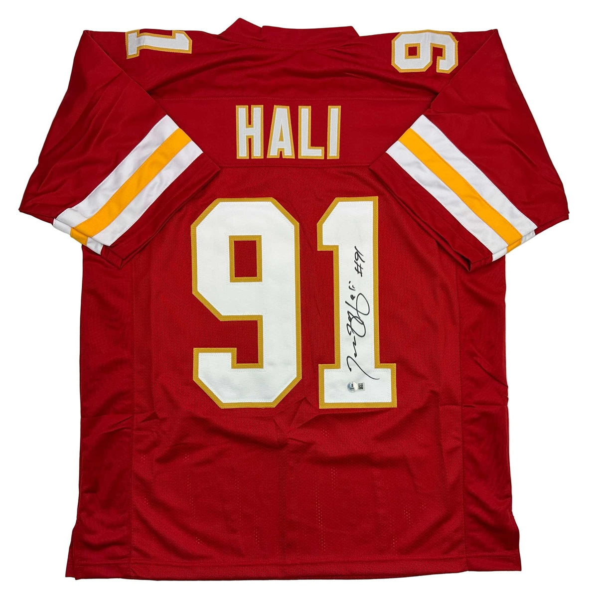 Autographed/Signed Tamba Hali Kansas City Red Football Jersey Beckett BAS COA