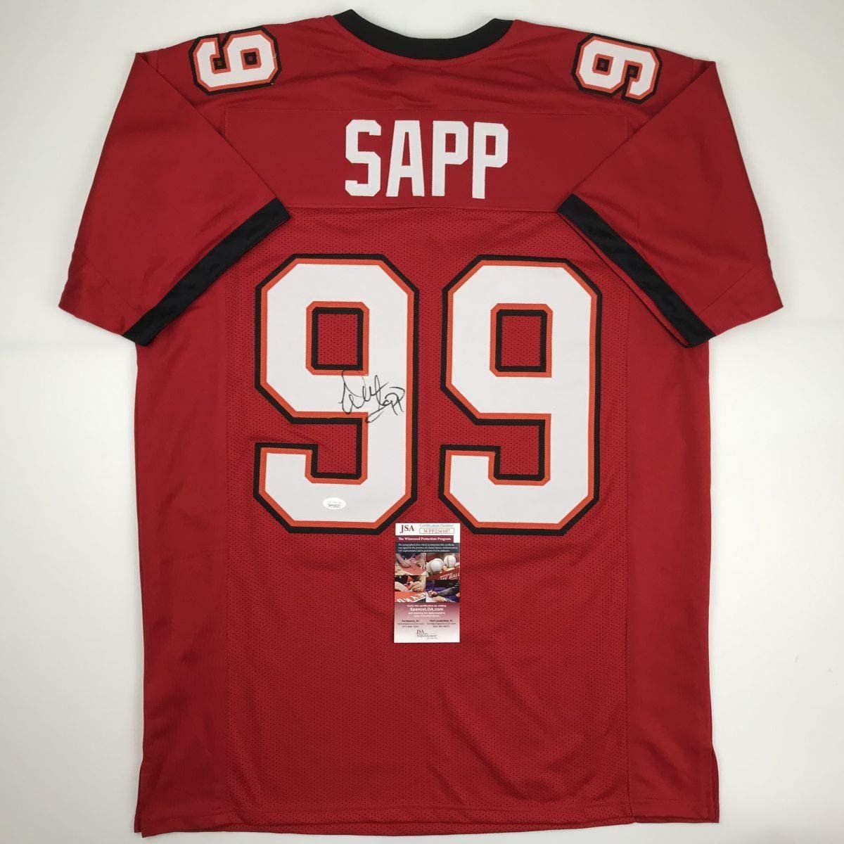 Autographed/Signed Warren Sapp Tampa Bay Red Football Jersey JSA COA