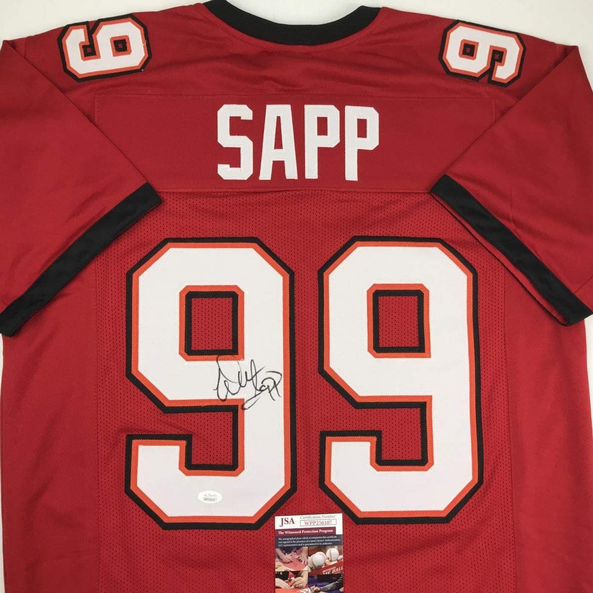 Autographed/Signed Warren Sapp Tampa Bay Red Football Jersey JSA COA
