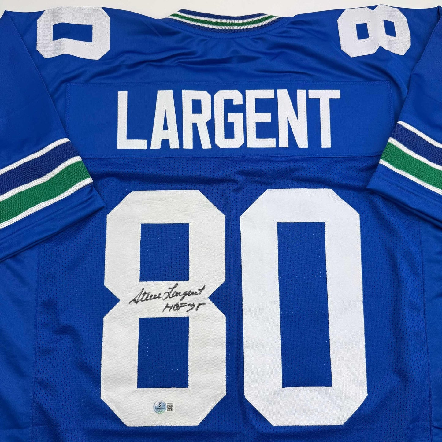 Autographed/Signed Steve Largent HOF 95 Seattle Blue Football Jersey Beckett BAS COA
