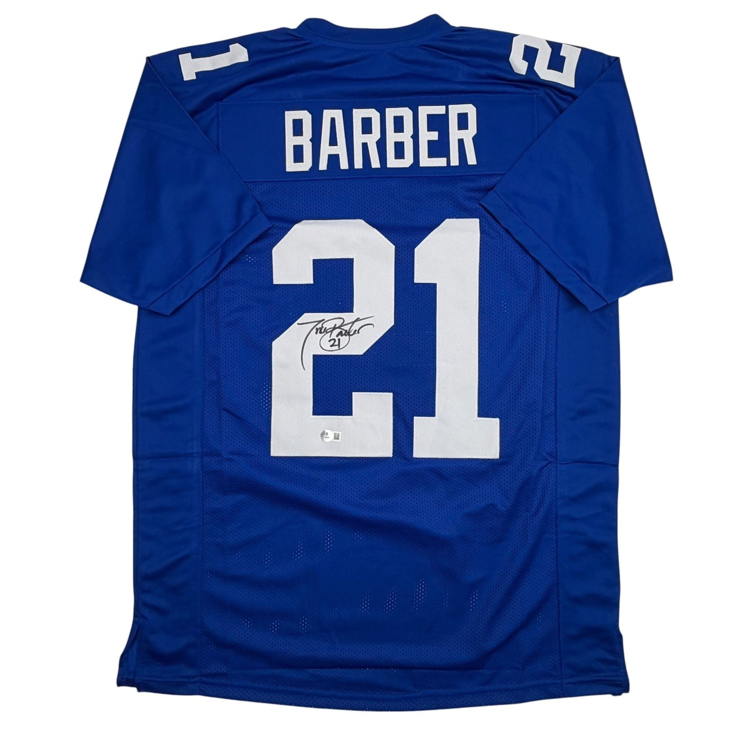 Autographed/Signed Tiki Barber New York Blue Football Jersey Beckett BAS COA