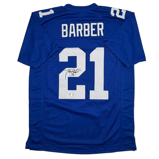 Autographed/Signed Tiki Barber New York Blue Football Jersey Beckett BAS COA
