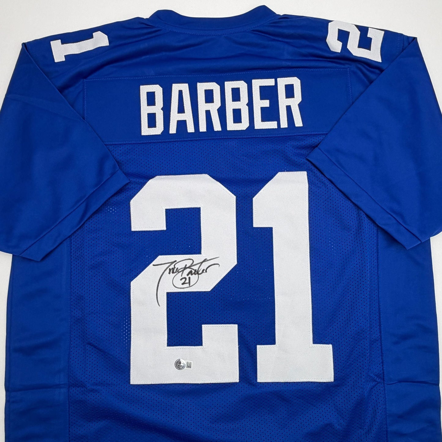 Autographed/Signed Tiki Barber New York Blue Football Jersey Beckett BAS COA