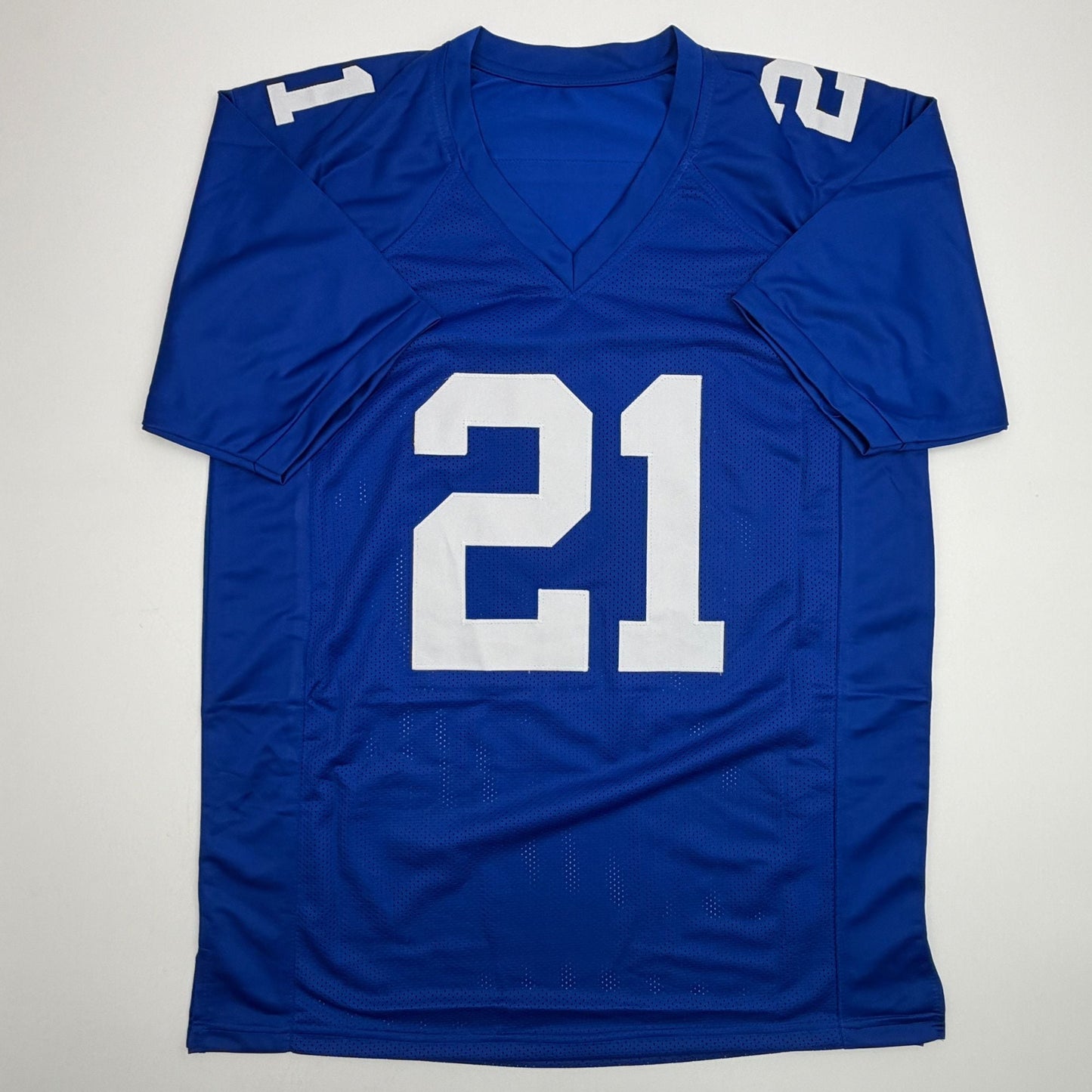 Autographed/Signed Tiki Barber New York Blue Football Jersey Beckett BAS COA