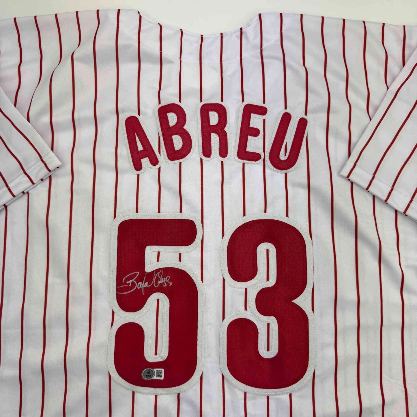 Autographed/Signed Bobby Abreu Philadelphia Pinstripe Baseball Jersey Beckett BAS COA