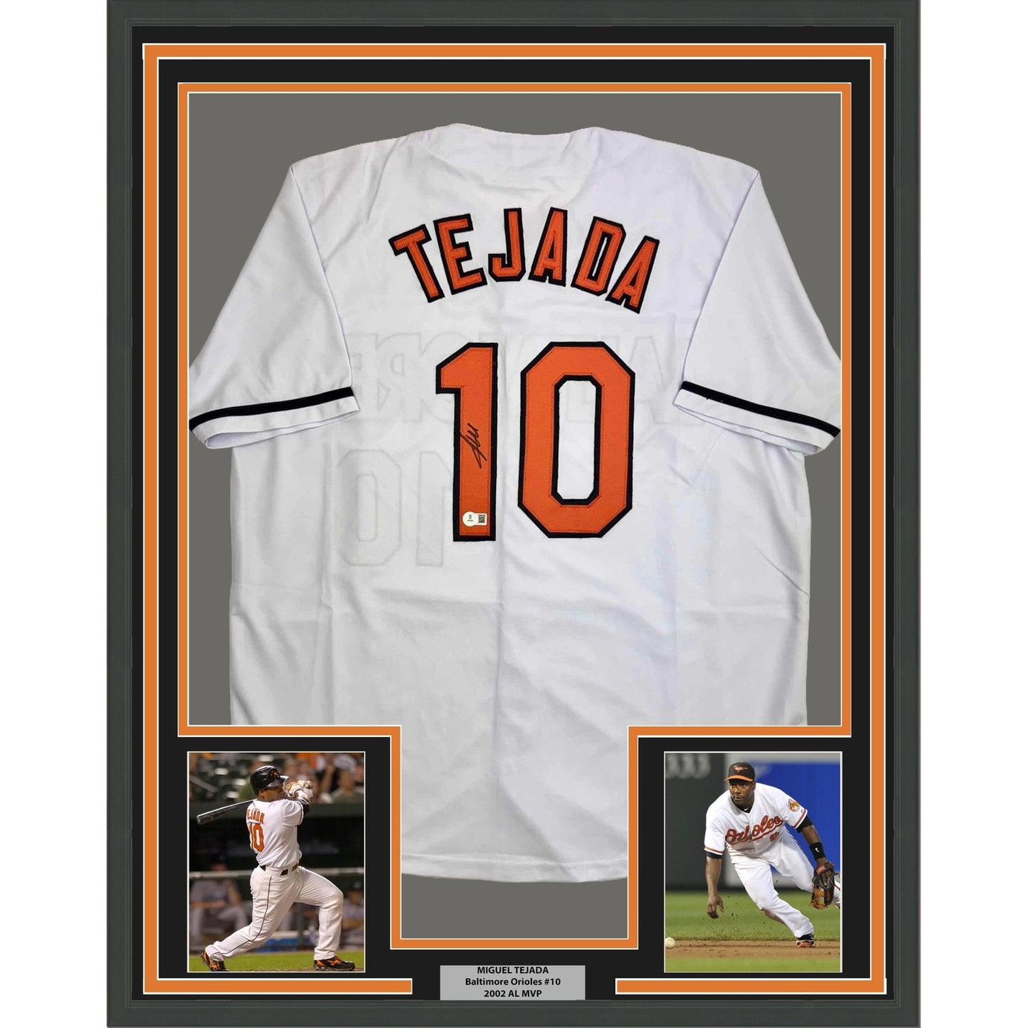 Framed Autographed/Signed Miguel Tejada 35x39 Baltimore White Baseball Jersey Beckett BAS COA