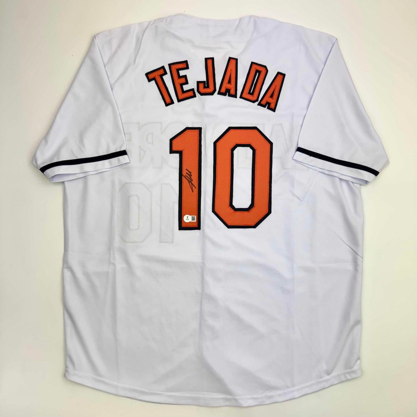 Autographed/Signed Miguel Tejada Baltimore White Baseball Jersey Beckett BAS COA