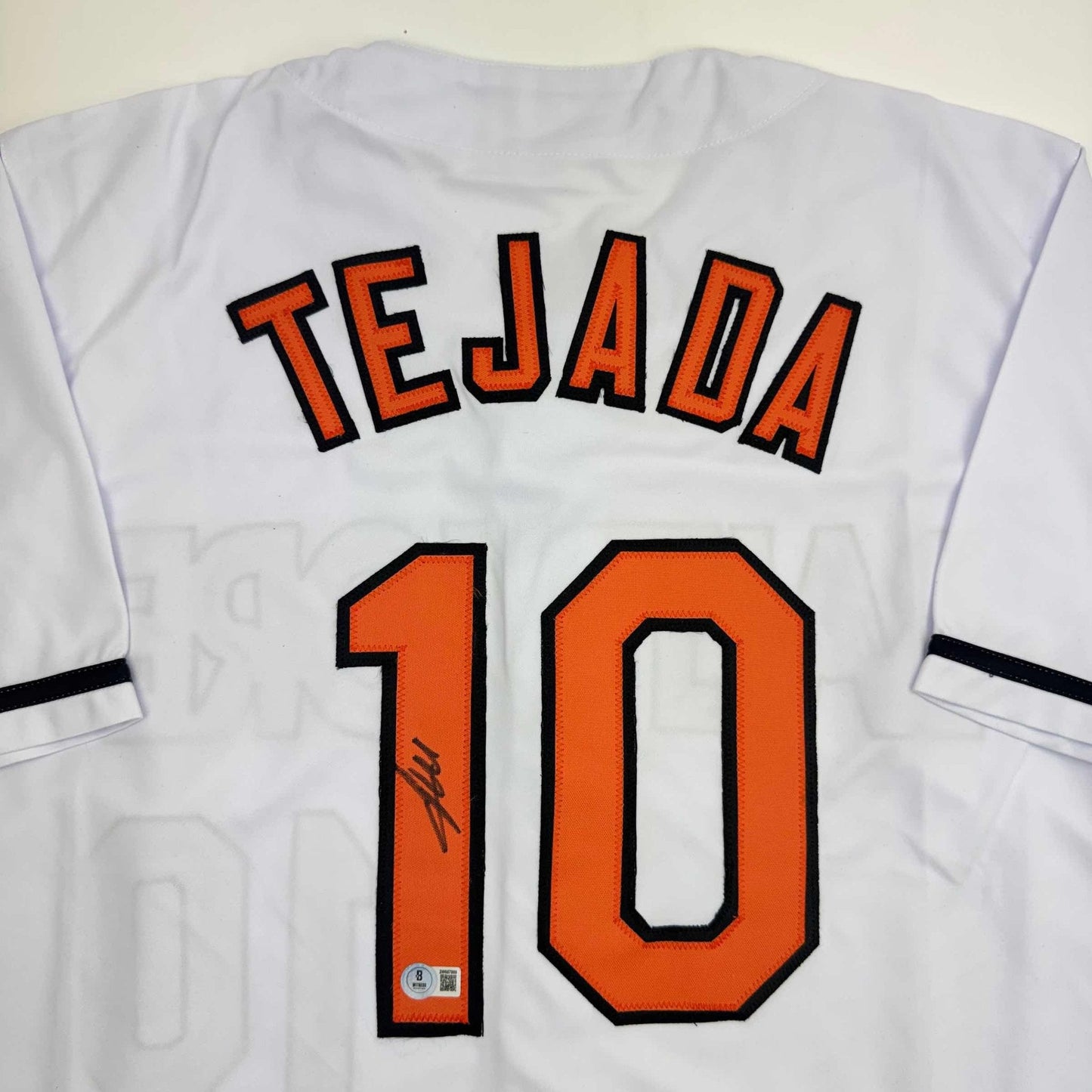 Autographed/Signed Miguel Tejada Baltimore White Baseball Jersey Beckett BAS COA