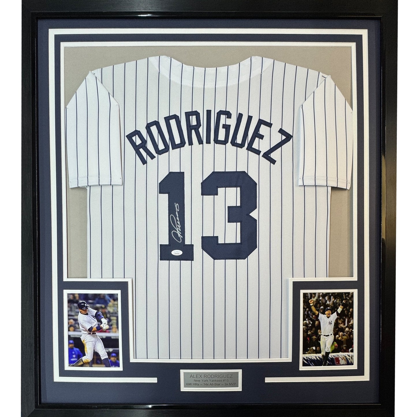 Framed Autographed/Signed Alex Rodriguez 35x39 New York Pinstripe Baseball Jersey JSA COA